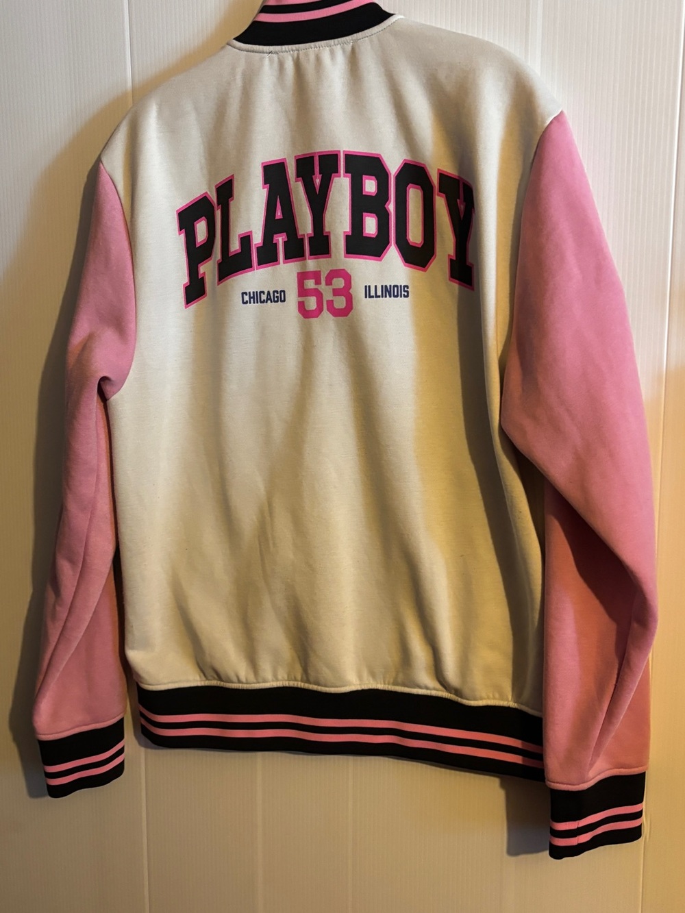 PLAYBOY Cream & Pink Letterman Jacket with Black Trim - Picture 5 of 6